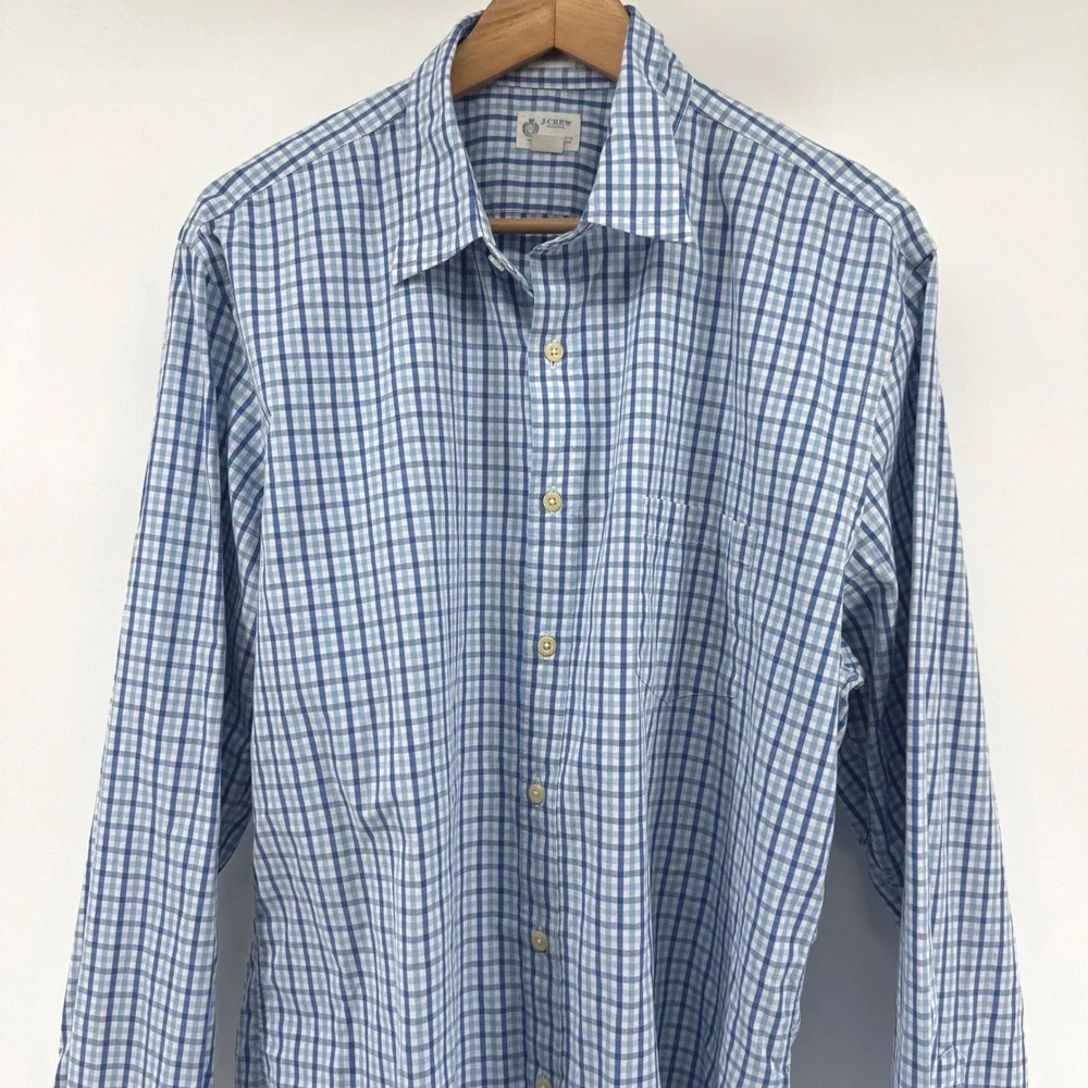 J. Crew Men's Blue Gingham‎ Check Button Down Shirt X Large 2 Ply Cotton